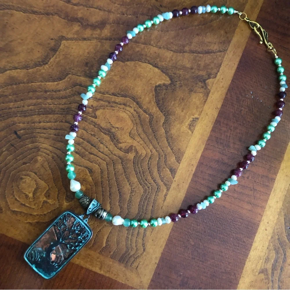 Handcrafted repurpose vintage tree pendant genuine stone pearl necklace